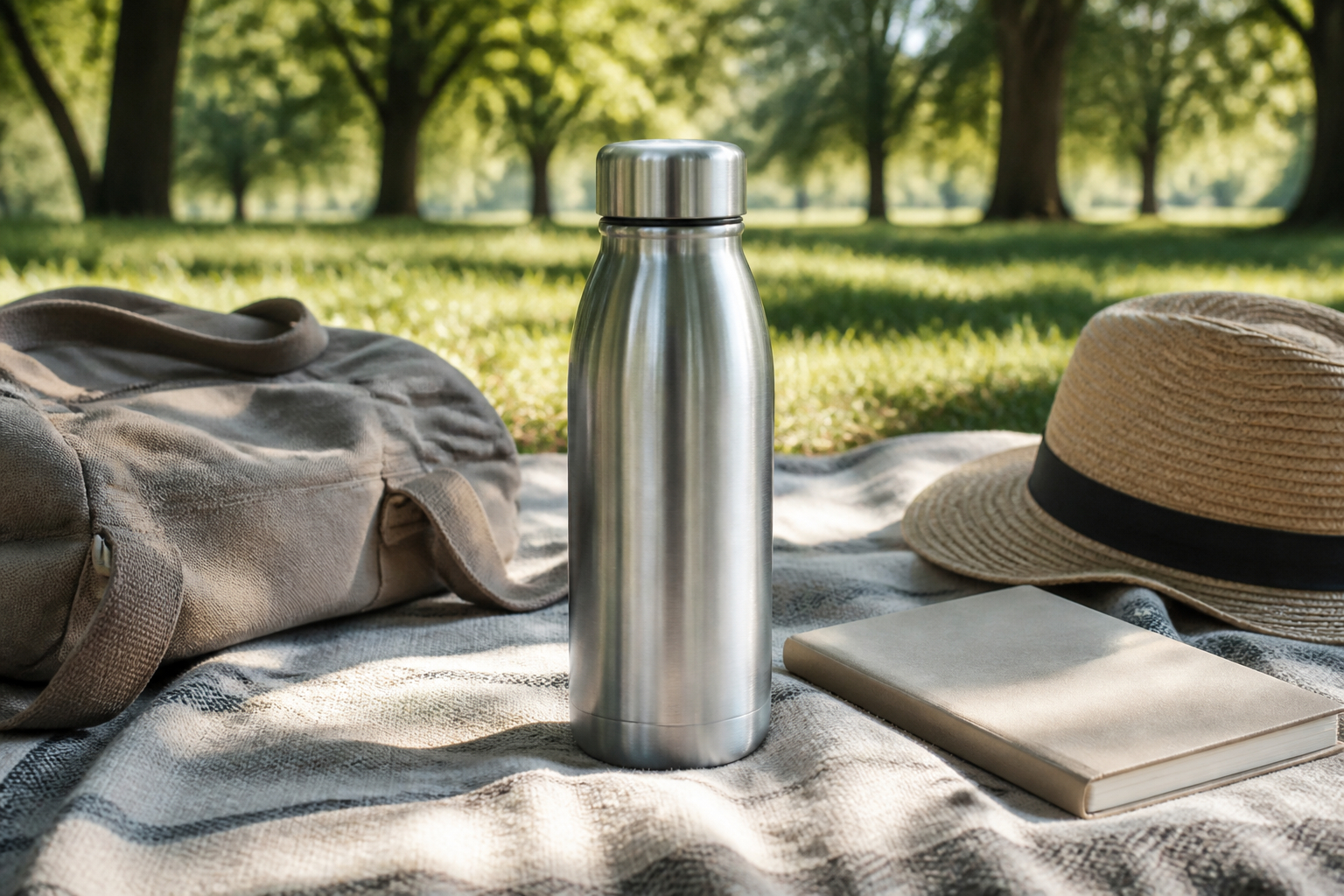 Praktische Edelstahl-Trinkflasche als sommerliches Kundengeschenk im Outdoor-Einsatz