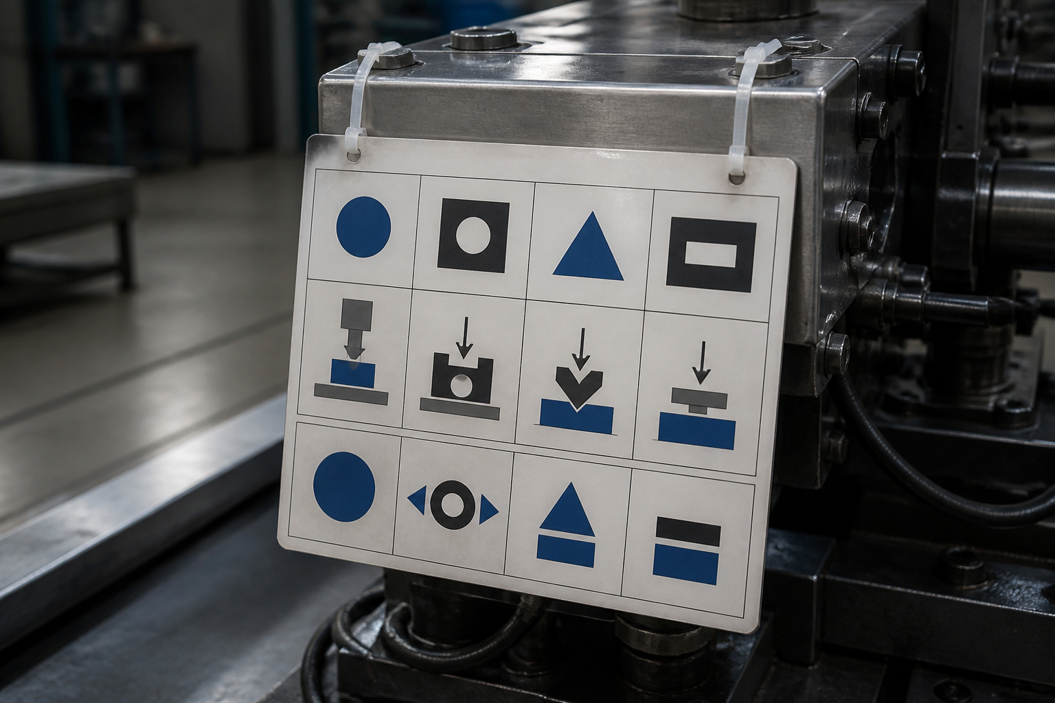 Robuste laminierte Infokarte mit technischer Kurzanleitung an einer Maschine