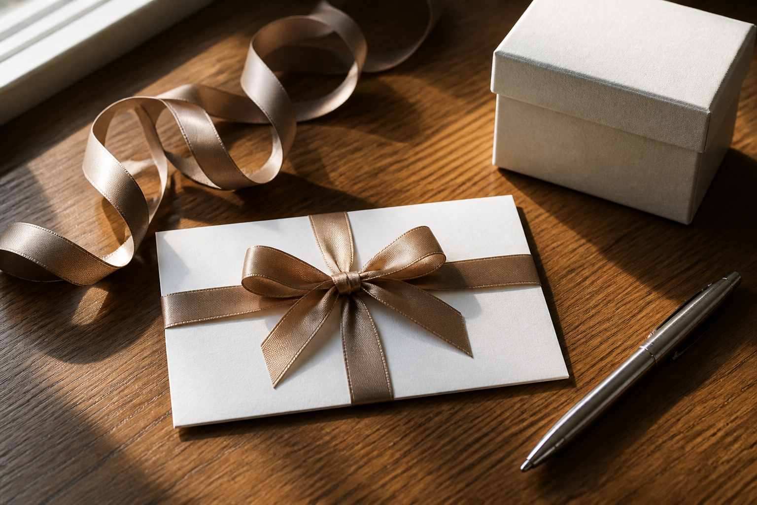 Professionell verpackte Gutscheinkarte mit Geschenkzubehör