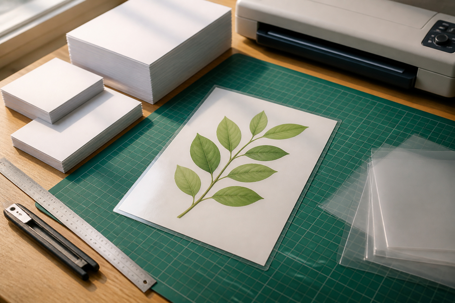 Laminierfolien und fertige A4-Infokarte für technische Produktanleitungen