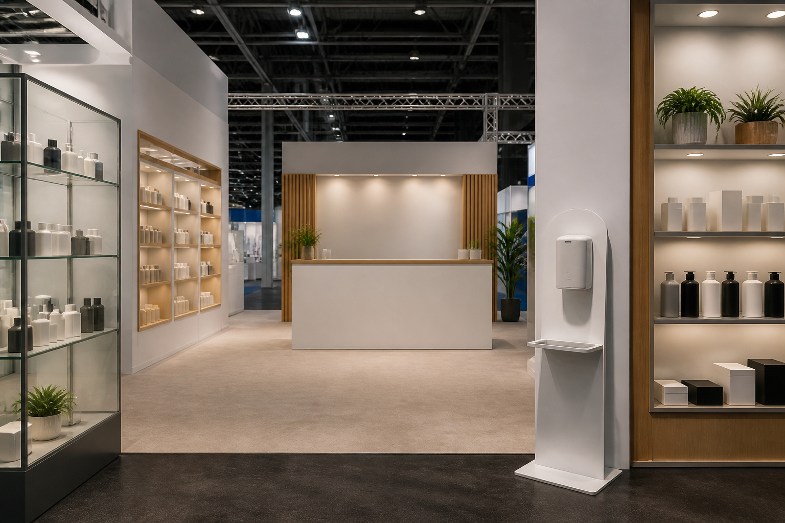 Sauber geplanter Messestand mit Hygienestation und Präsentationsflächen