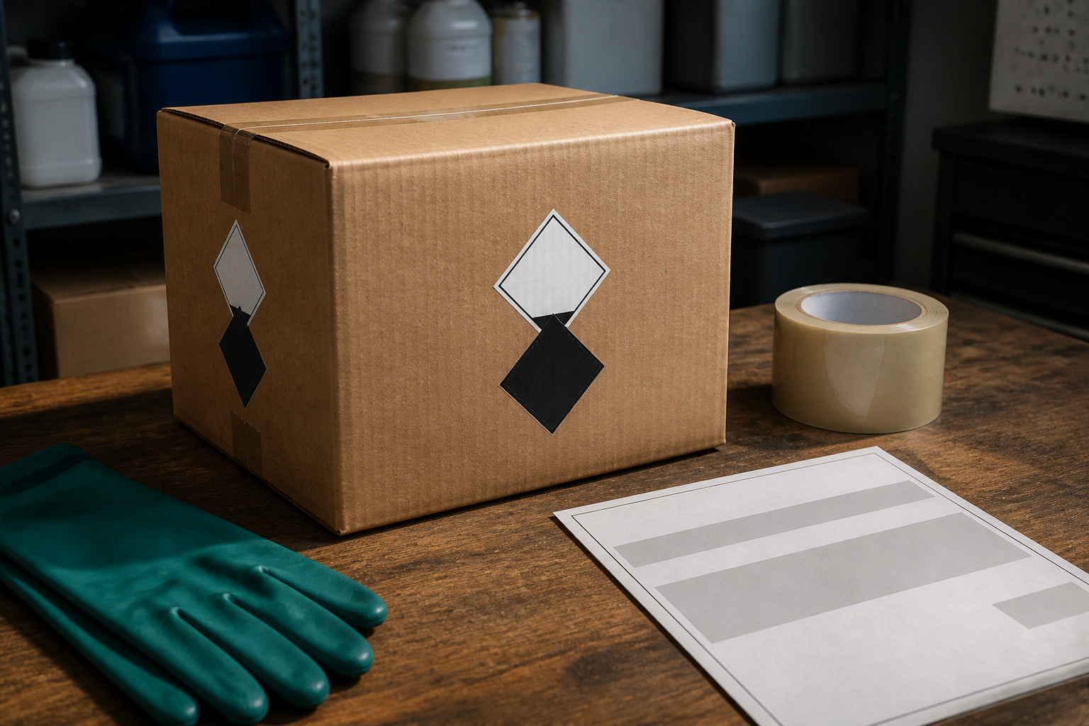 Arbeitsplatz für die sichere Verpackung von Gefahrgut im Paket