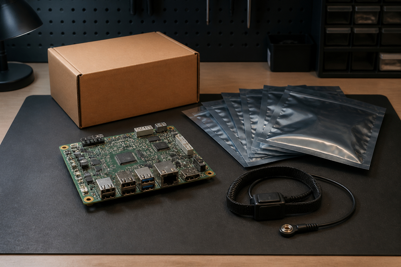ESD-Arbeitsplatz zum sicheren Verpacken elektronischer Bauteile