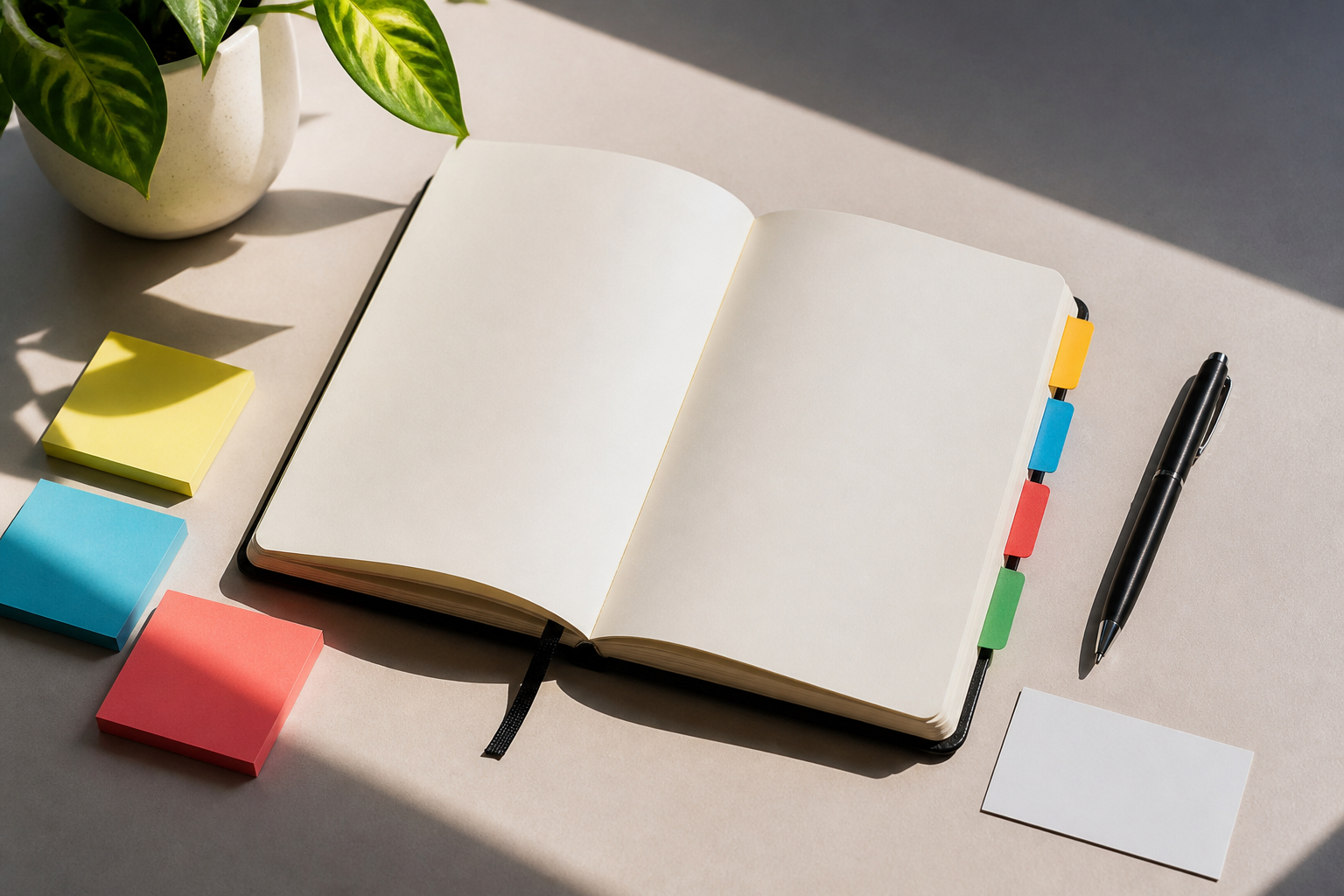 Organisiertes Werbenotizbuch mit Trennblättern und Haftnotizen