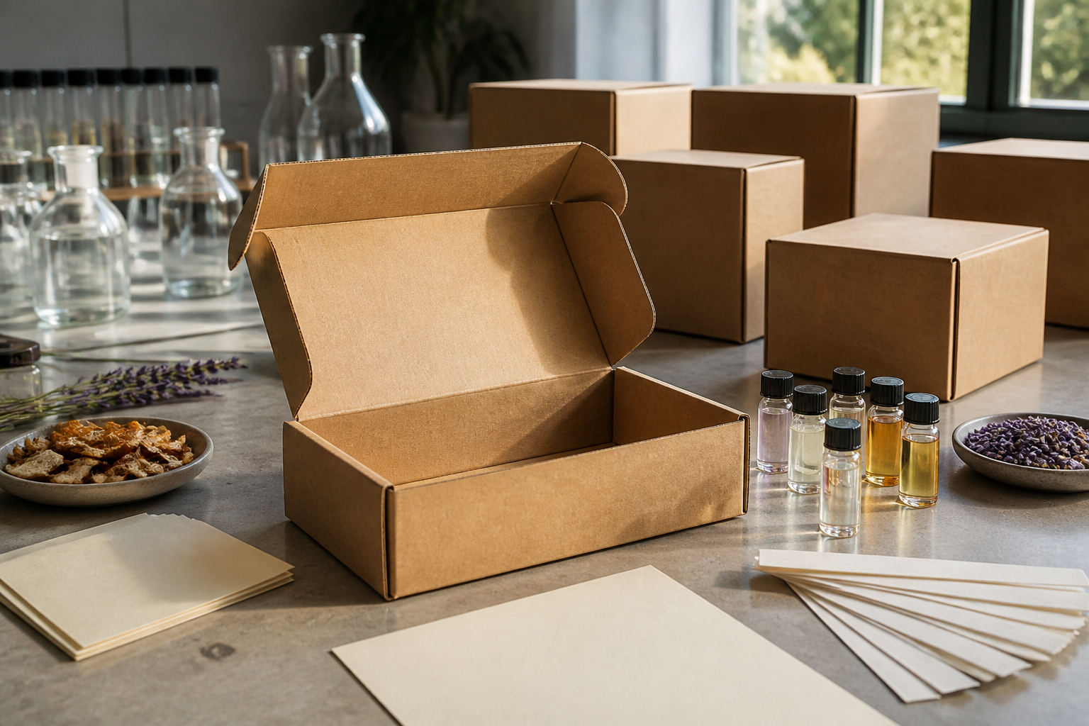 Marketingteam testet verschiedene Duftproben für eine Verpackungskampagne