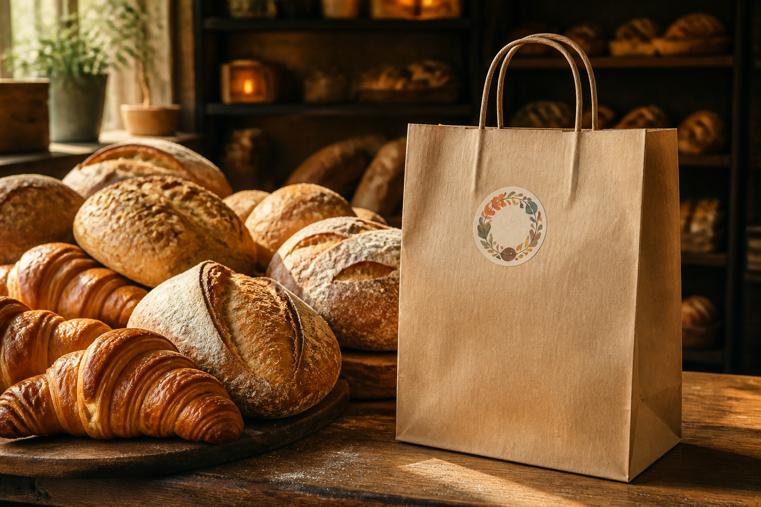 Papiertüte mit regionaler Werbung für Bäckerei oder Café