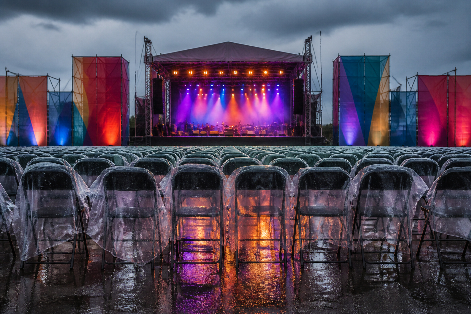Outdoor-Festival mit Besuchern in transparenten Regenponchos