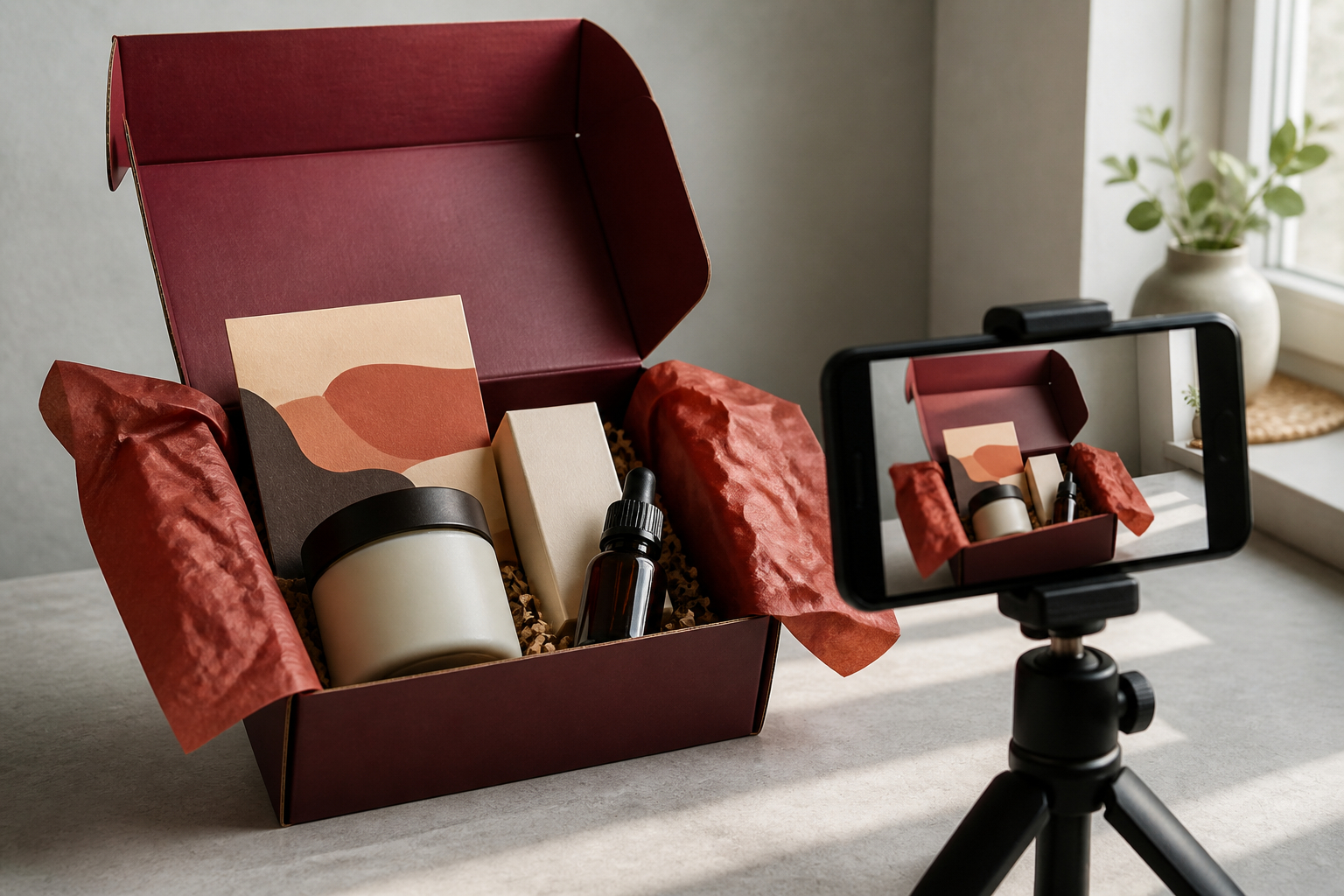Creator beim Filmen eines Influencer-Unboxings mit Seidenpapier