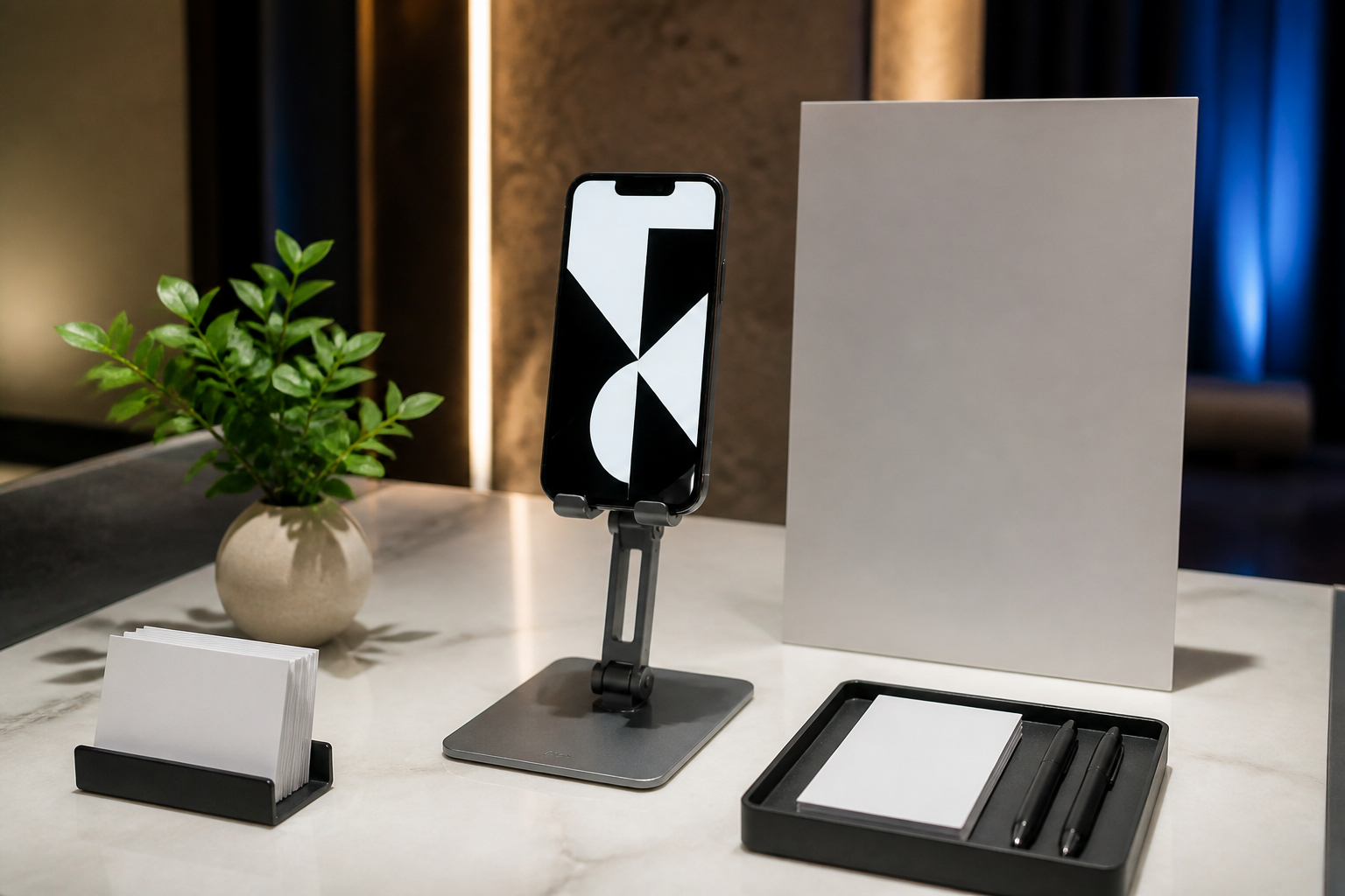 Aufgeräumte Smartphone-Eventstation mit QR-Code und Handyhalter