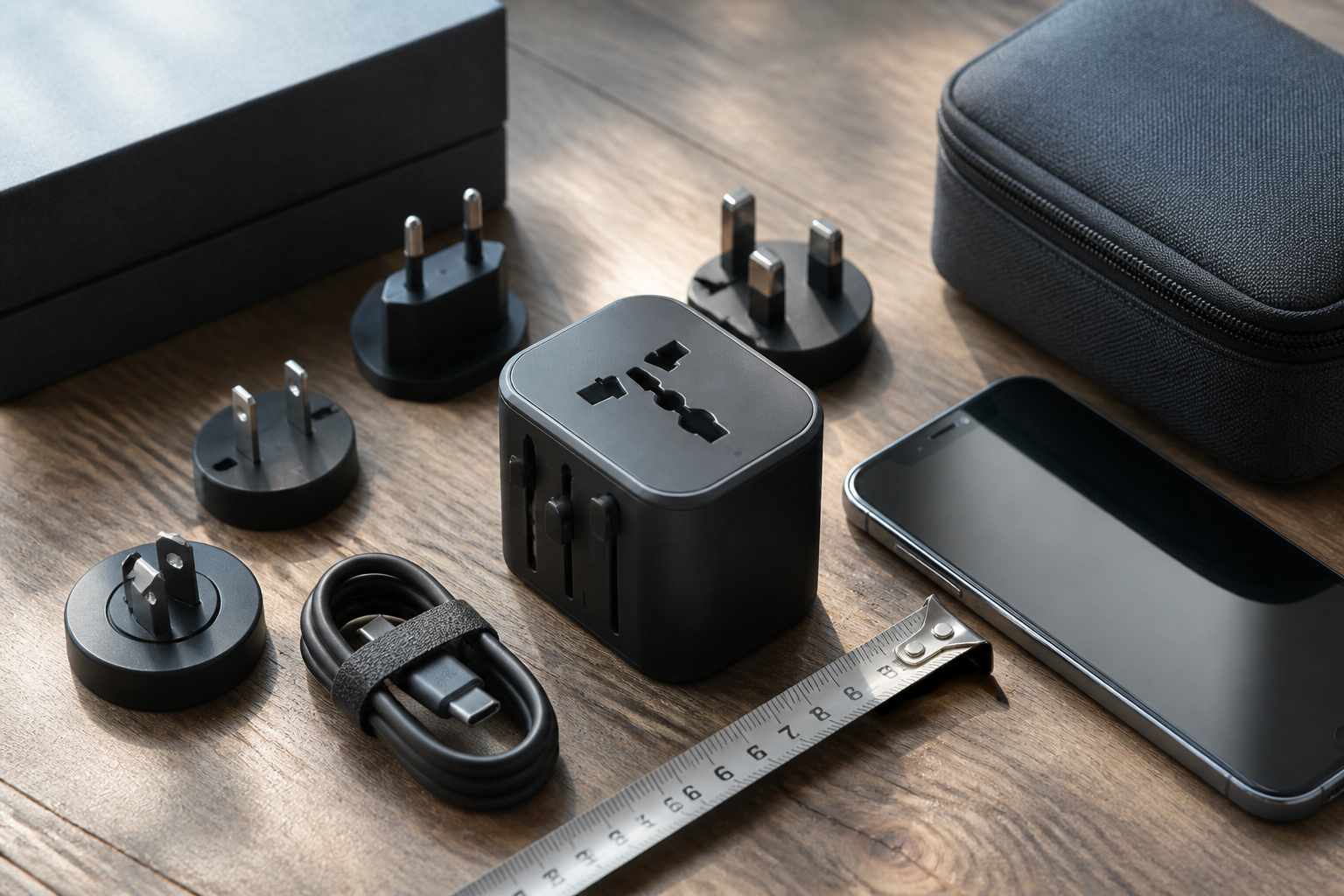 Kompakter Reiseadapter mit Smartphone und Maßband für ein Welcome-Kit