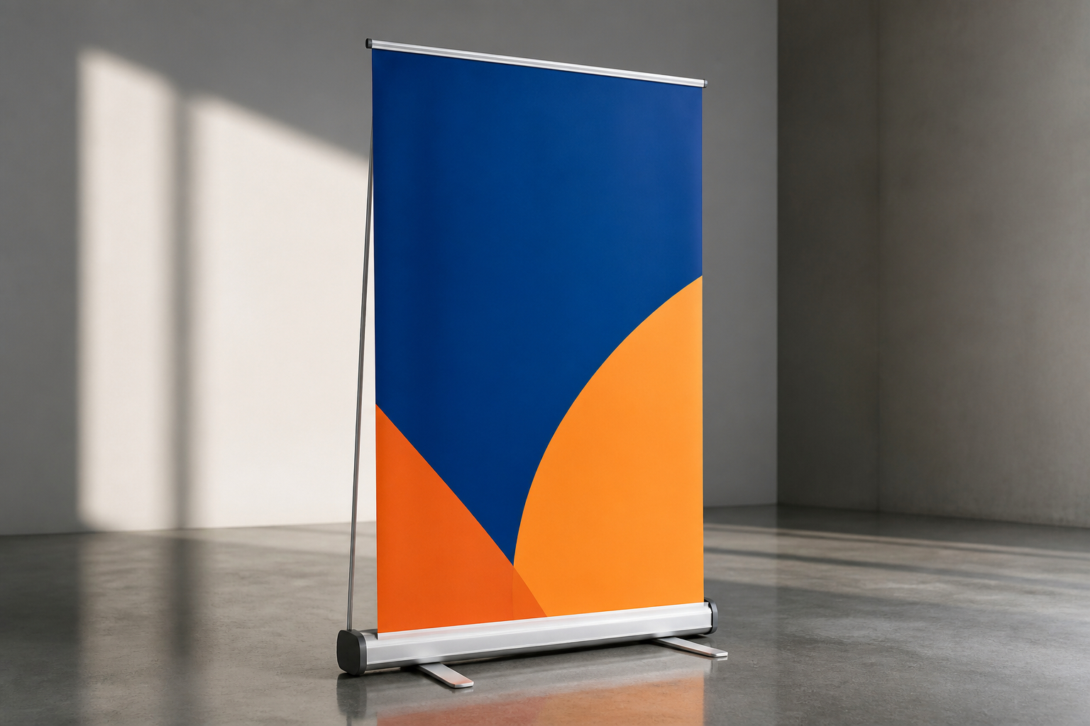 Roll-up-Banner wird in einem Pop-up-Store aufgebaut