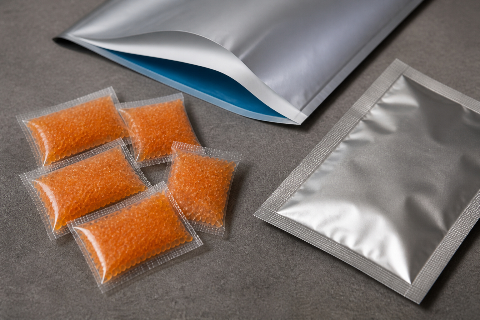 Silicagel und Dampfsperrfolie für feuchtigkeitsgeschützte Verpackung