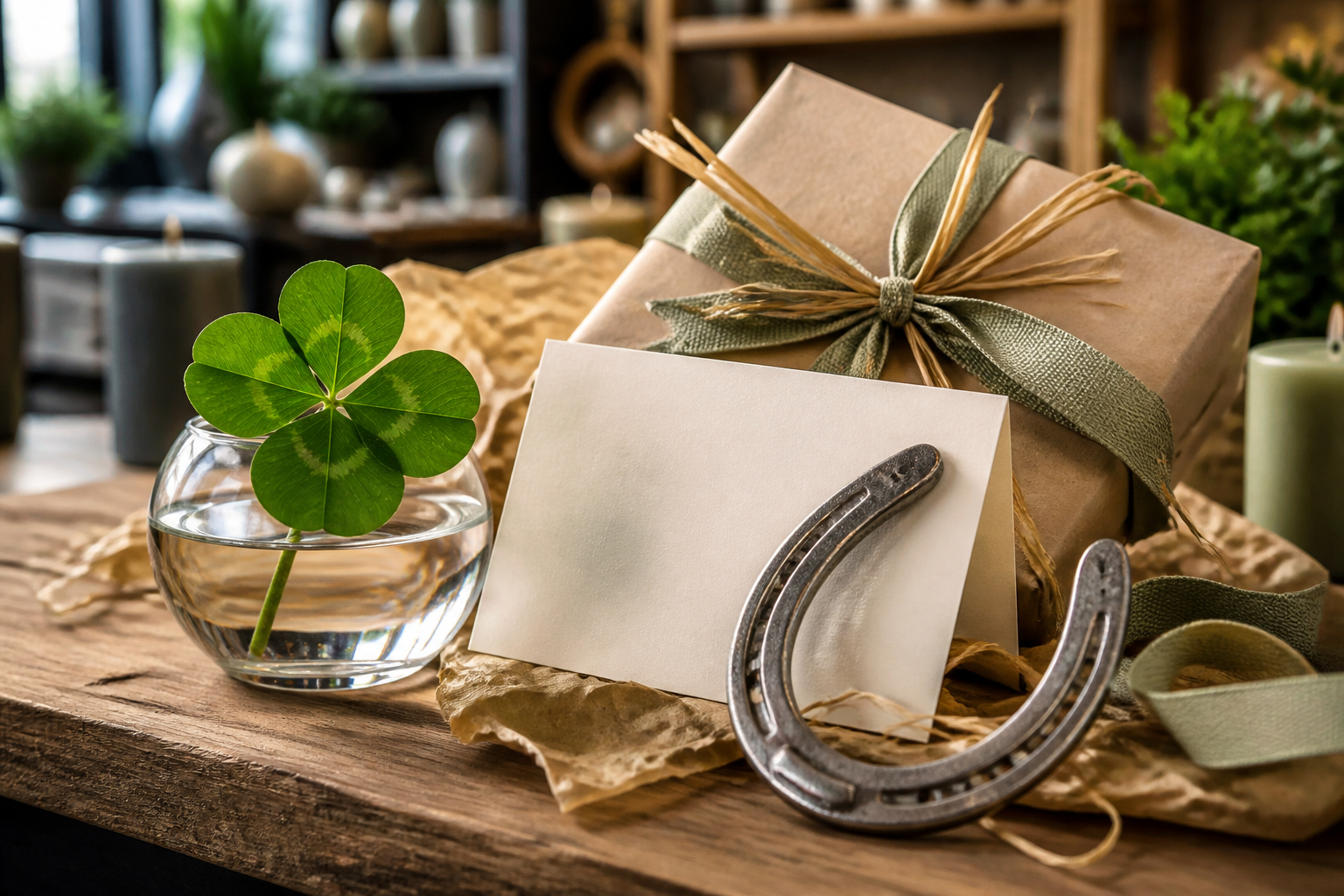 Glücksbringer und Eröffnungsgeschenke auf einem Tisch