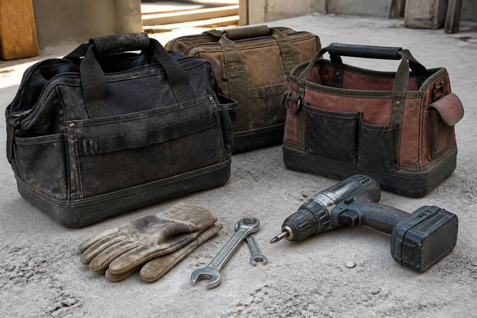 Robuste Werkzeugtasche mit verstärktem Boden auf der Baustelle