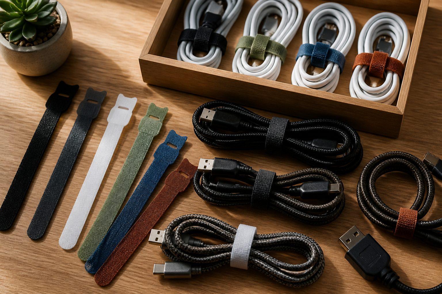Farbige Kabelbinder und sortierte Kabel für ein mobiles Demo-Setup