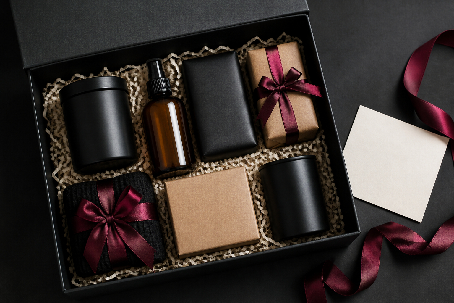 Produkt-Bundle ordentlich in schwarzer Geschenkbox verpackt