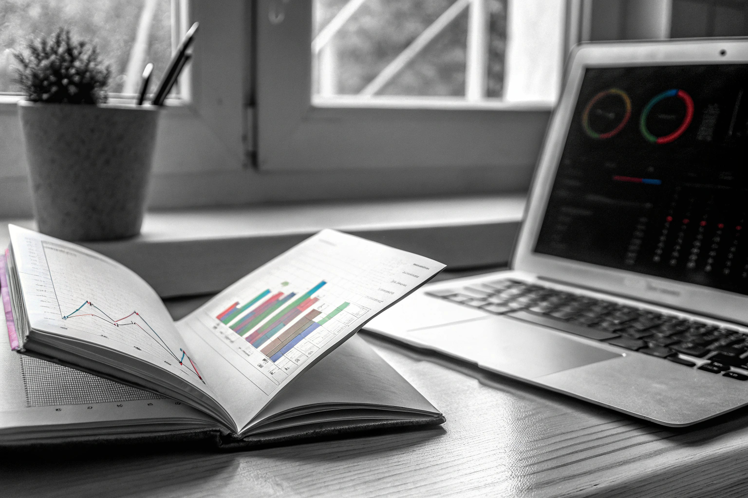 Datenanalyse-Buch und Laptop