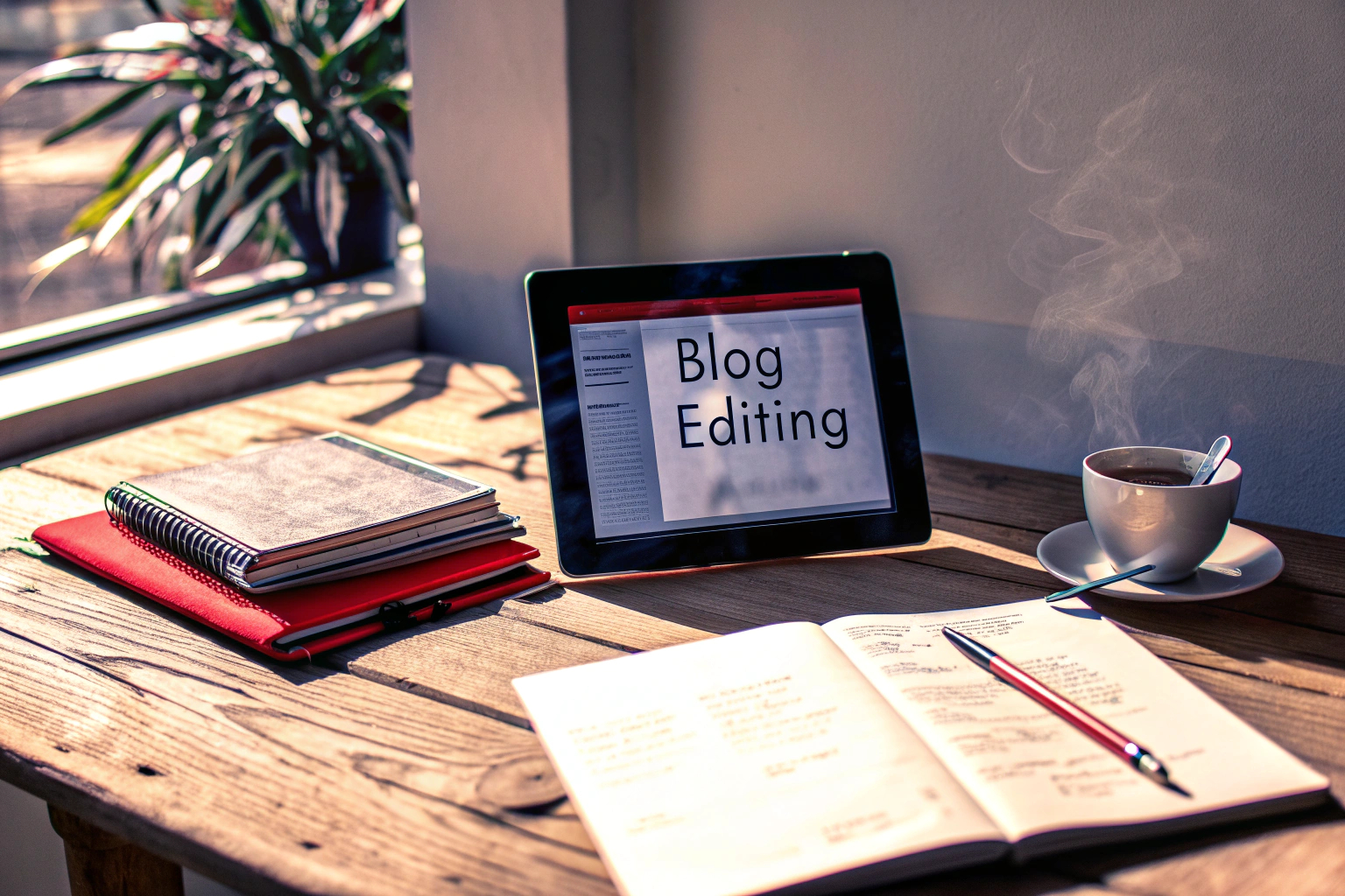 Ein Blogger, der einen Beitrag auf einem Tablet schreibt. Blogging auf einem Tablet