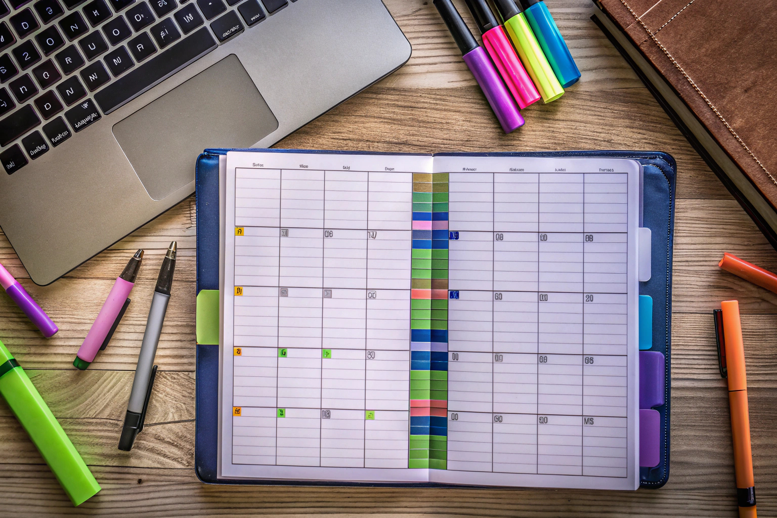 Ein Event-Planer auf einem Tisch, umgeben von Notizen und Planungsutensilien. Eventplanung mit Planer