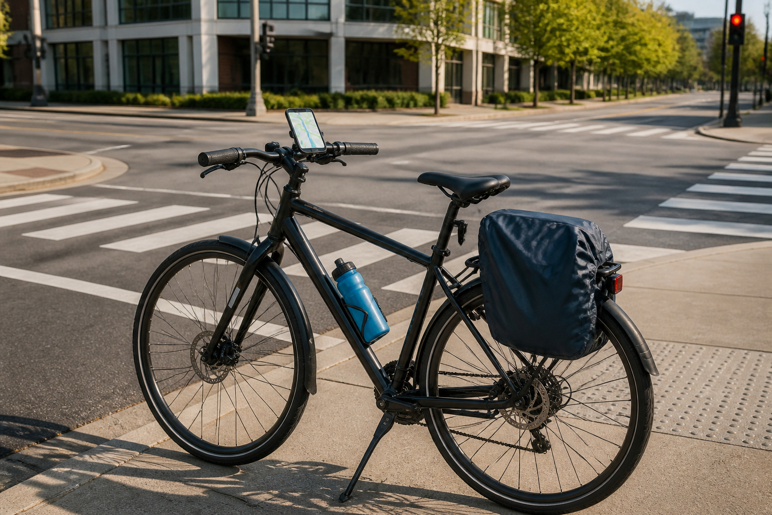 Fahrradpendler mit Smartphonehalterung zur sicheren Routenplanung