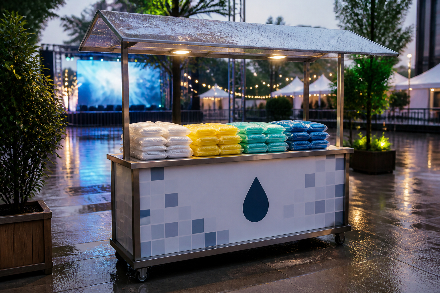 Mitarbeiter verteilen Regenponchos an einem Event-Servicestand