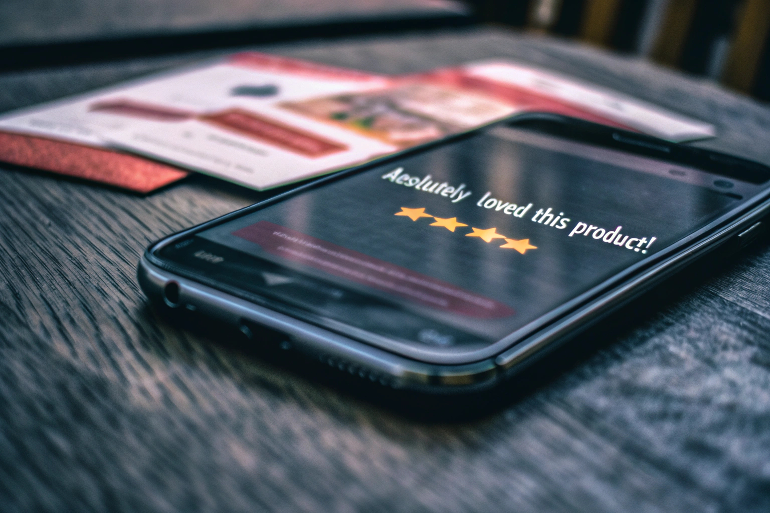 Ein glücklicher Kunde, der eine positive Bewertung auf seinem Smartphone hinterlässt. Kunde hinterlässt positive Bewertung