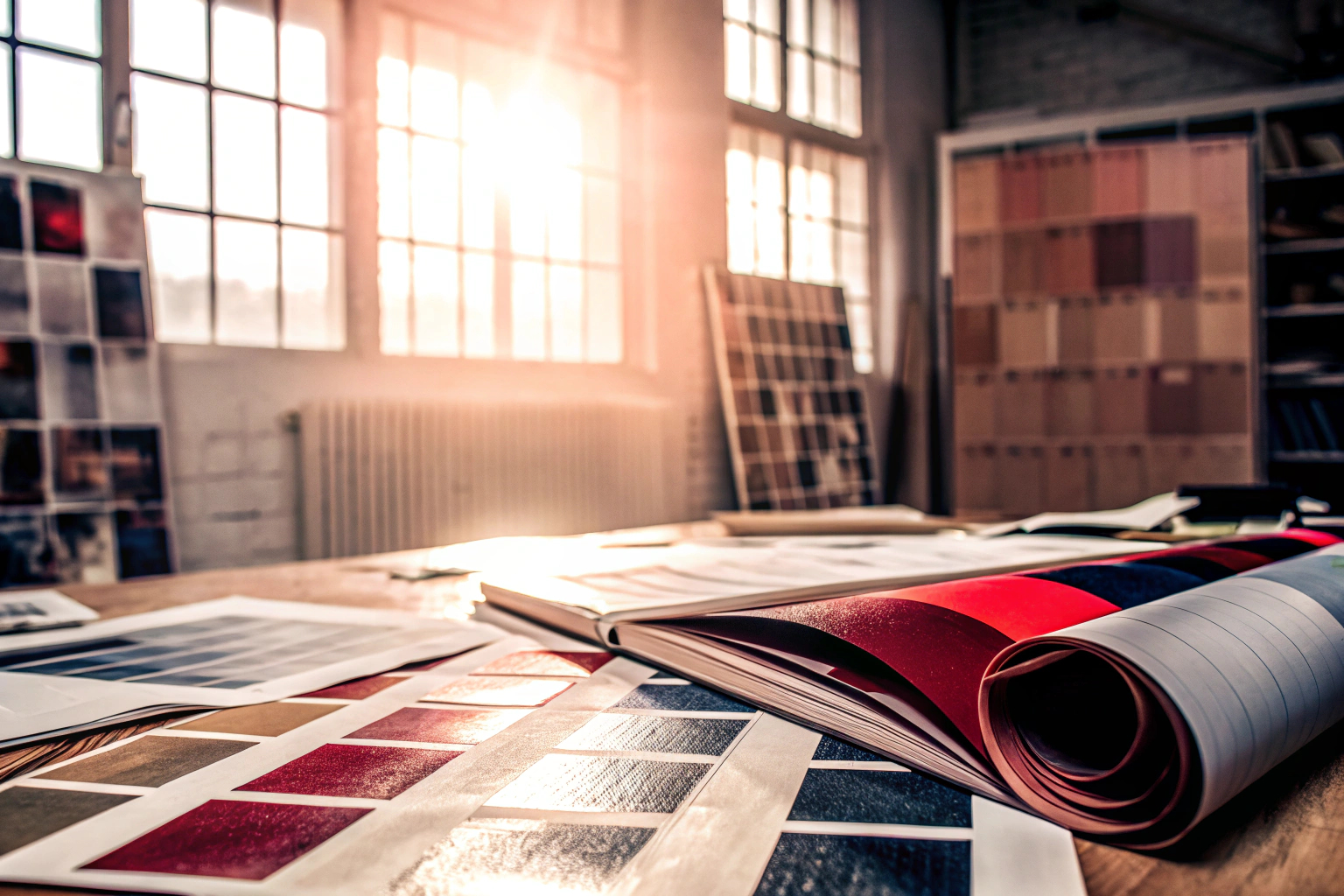Ein kreatives Designbüro, das an der Gestaltung von Printmedien arbeitet, mit verschiedenen Papiermustern und Druckproben auf einem Tisch. Designbüro bei der Arbeit an Printmedien