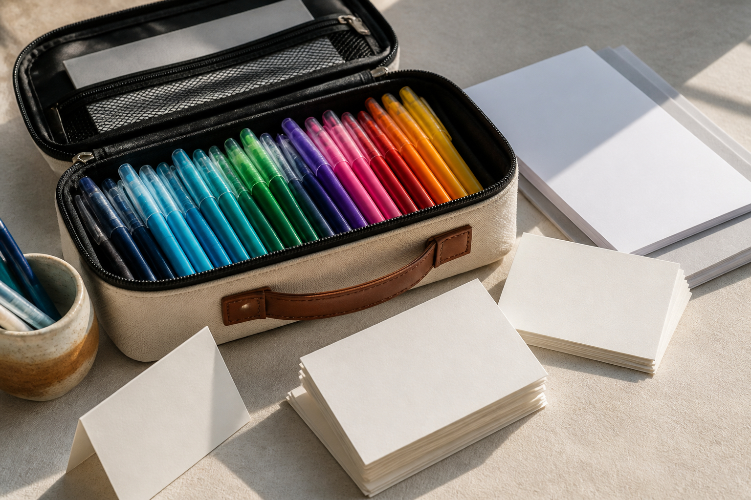 Gelstifte und handschriftliche Karten für eine Messe