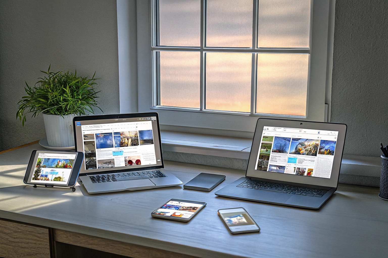 Ein modernes Büro mit digitalen Geräten wie Laptops und Tablets, auf denen verschiedene digitale Marketingkampagnen gezeigt werden. Digitales Marketing im Einsatz