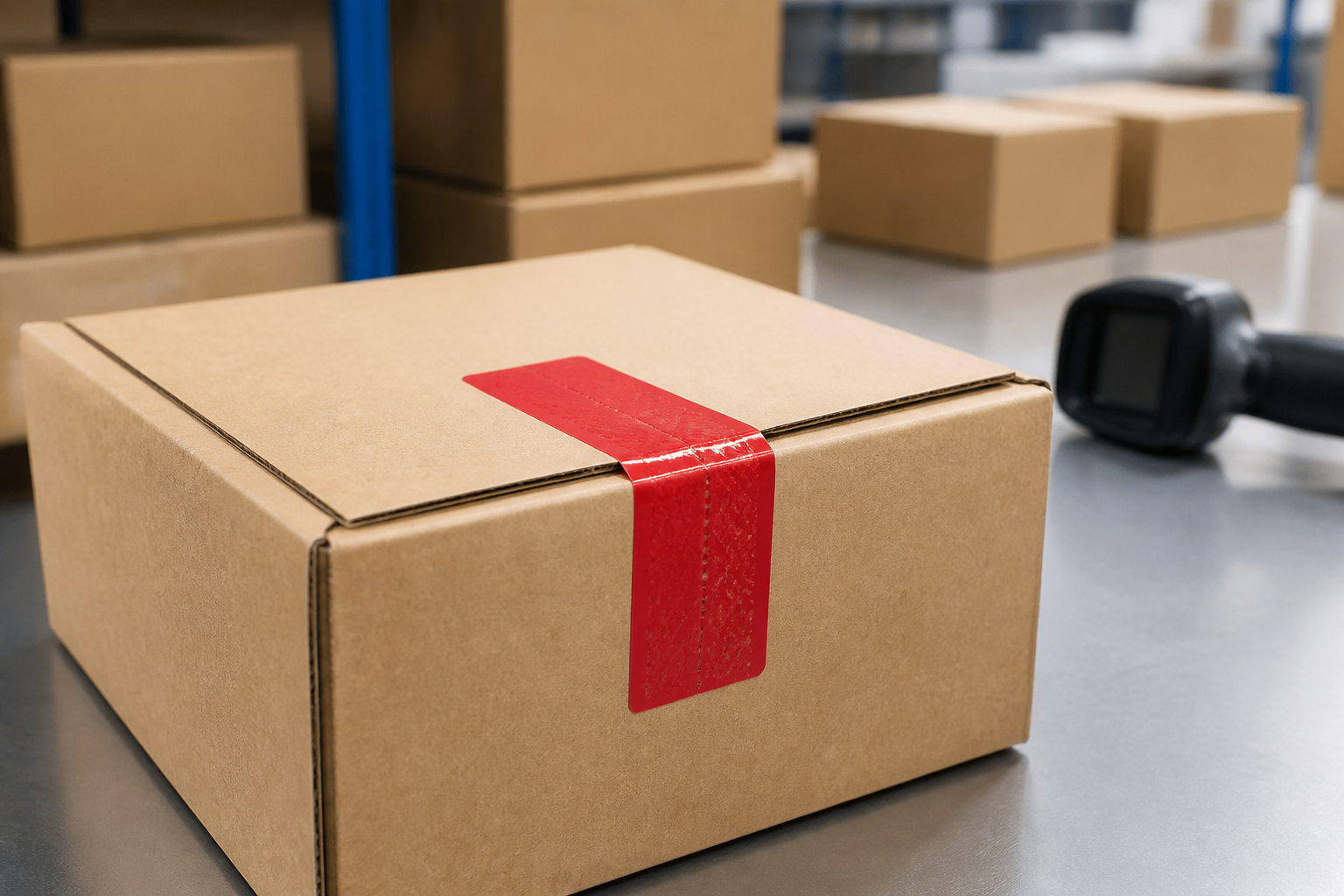 Mitarbeiter bringt Sicherheitssiegel am Packtisch an