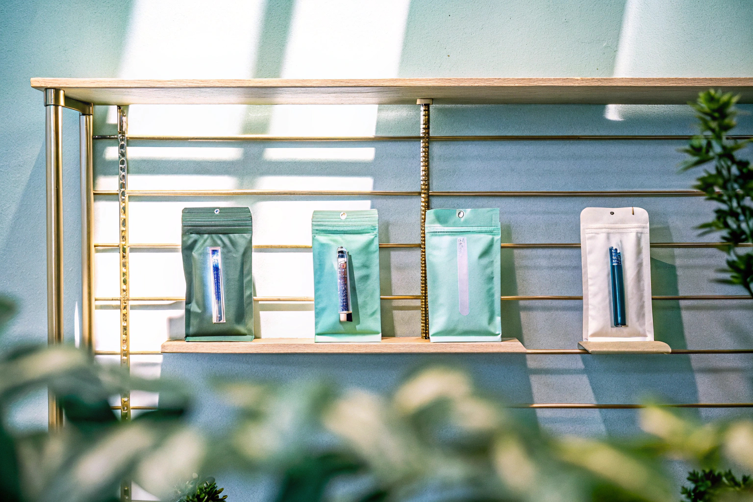 Regal mit Verpackungsdesigns