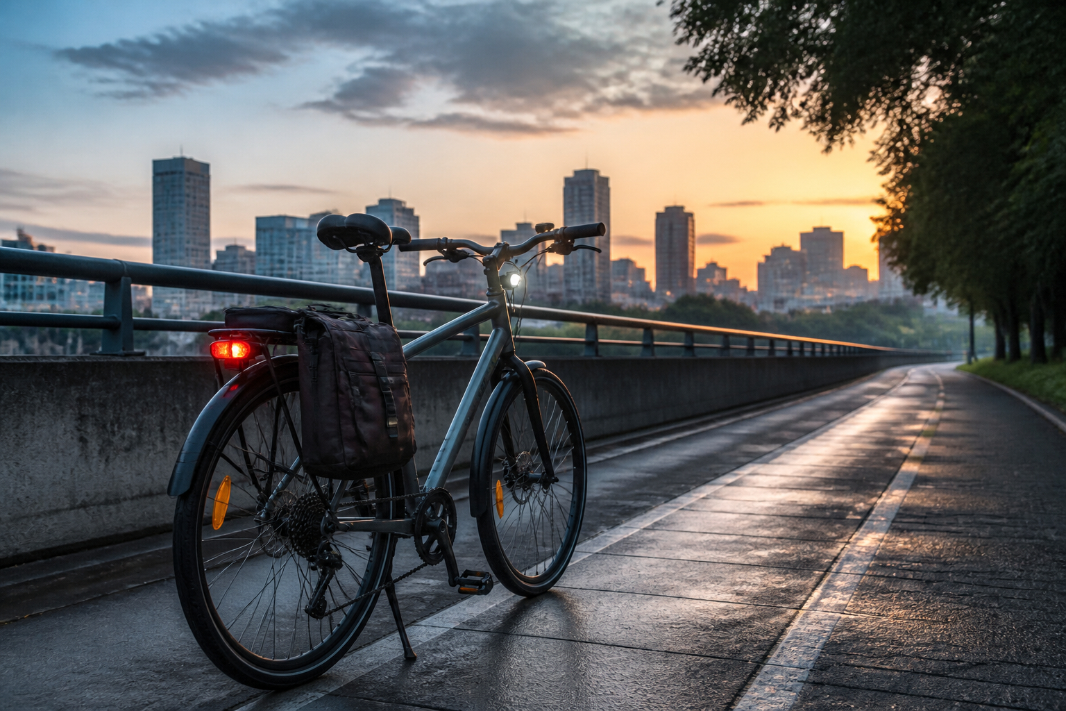 Fahrradpendlerin auf dem täglichen Arbeitsweg mit sicherem Fahrradzubehör