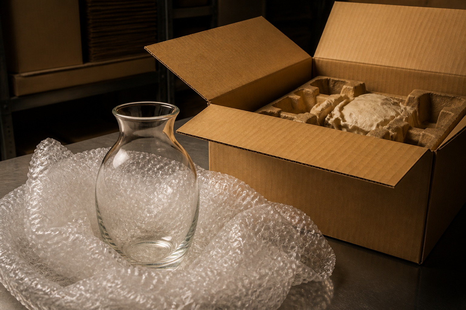 Zerbrechliche Waren sicher mit Luftpolsterfolie verpacken