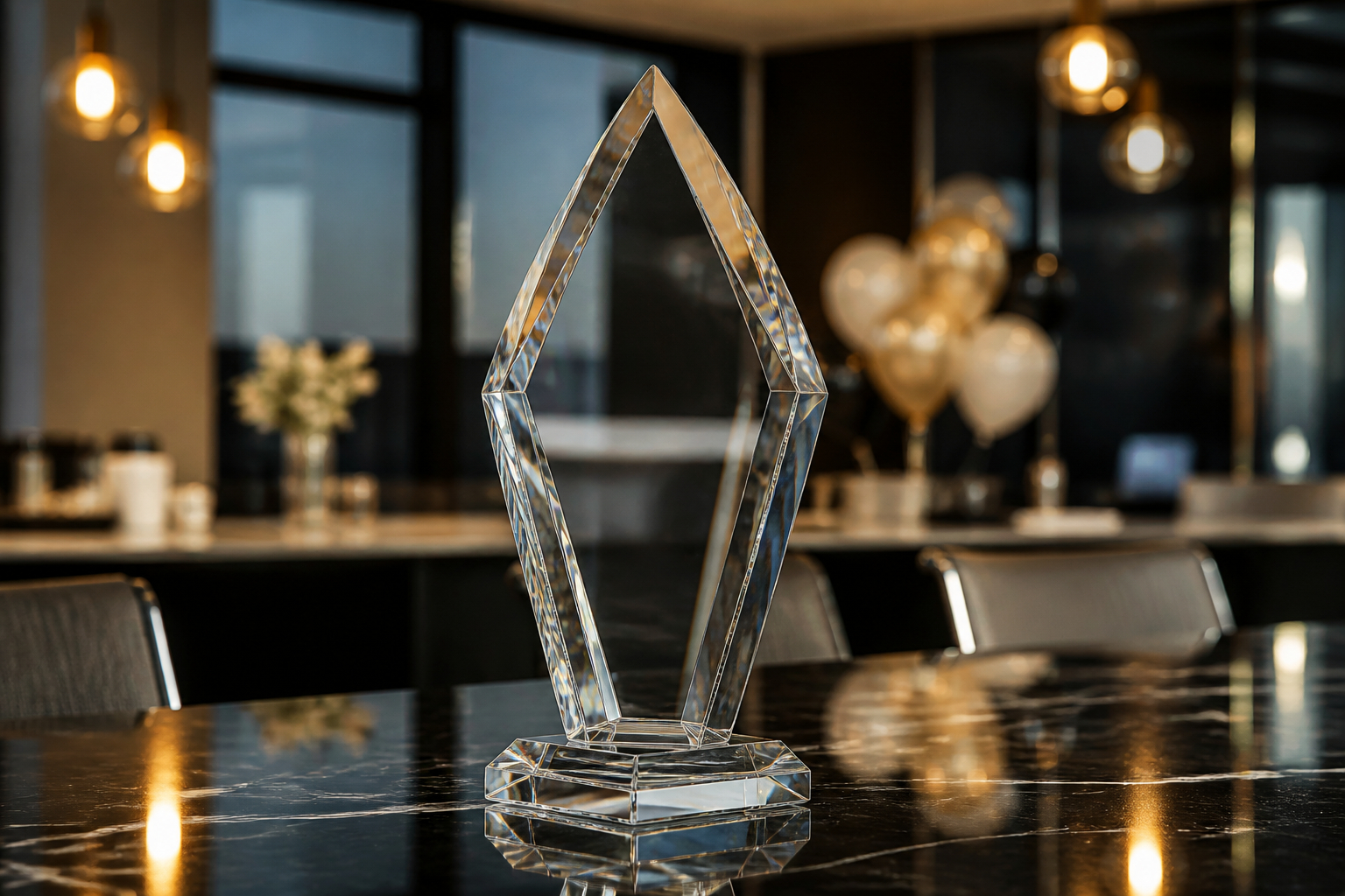 Mitarbeiterin erhält einen professionell gestalteten Mitarbeiter-Award aus Glas