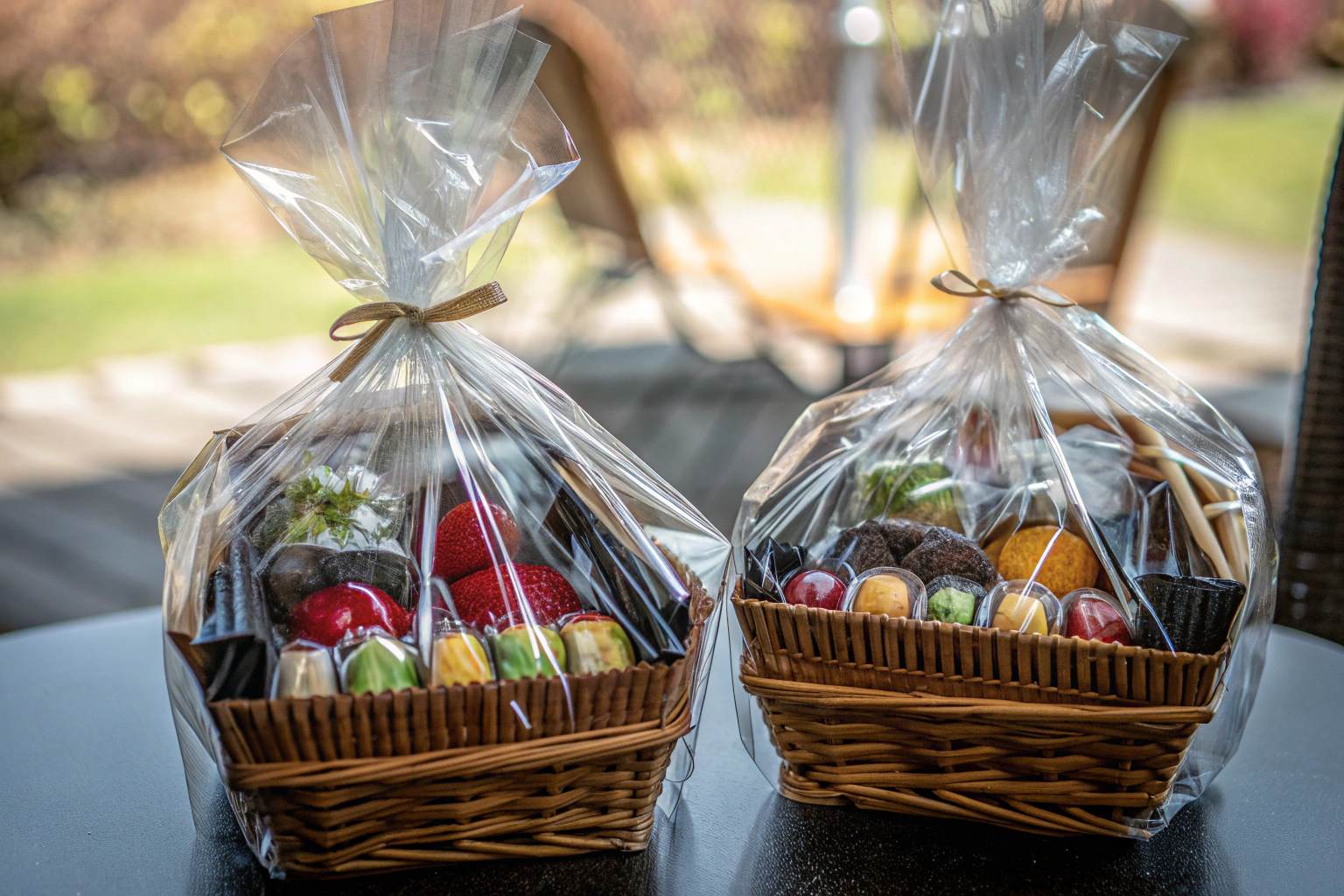 Mit Cellophanpapier verpackte Geschenkkörbe