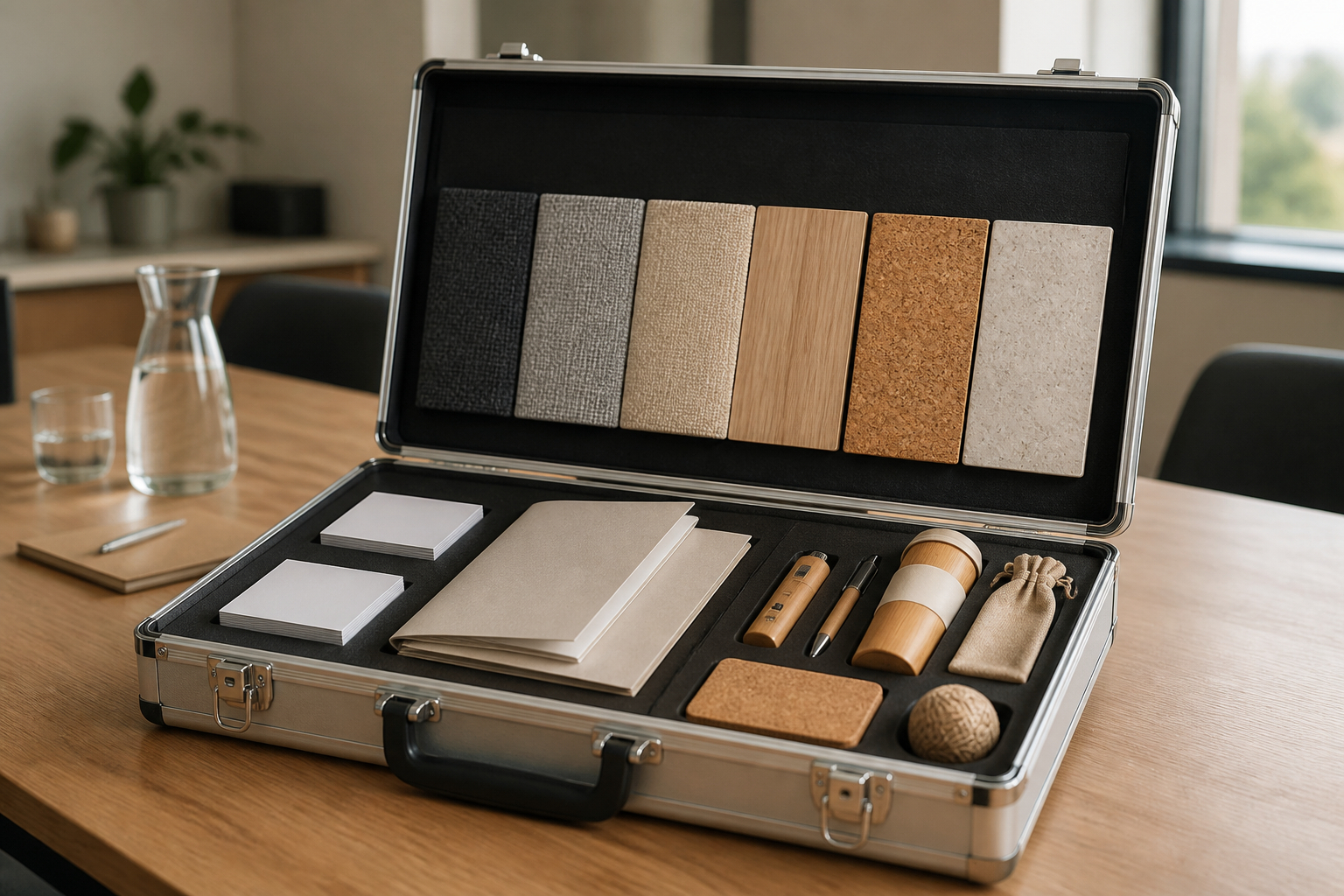 Eleganter Aluminium-Musterkoffer mit Werbemitteln und Produktproben