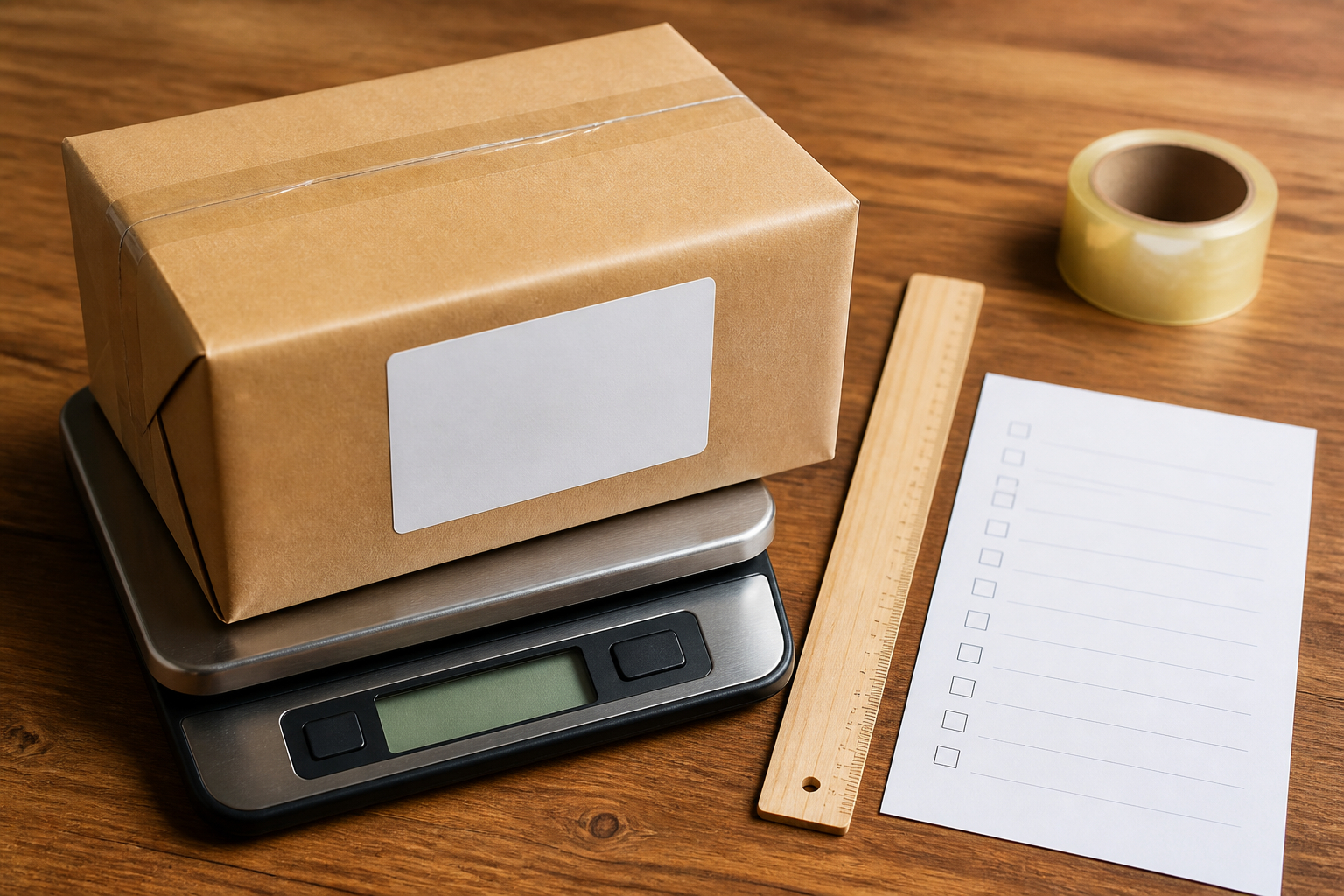 Direktmailing auf Waage mit Checkliste für Versandkosten