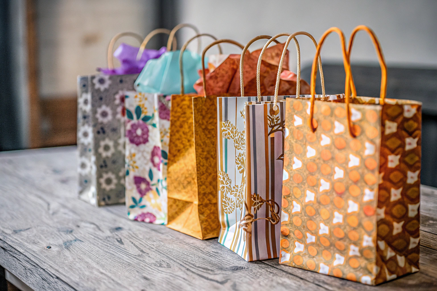 Verschiedene Geschenktüten in bunten Designs