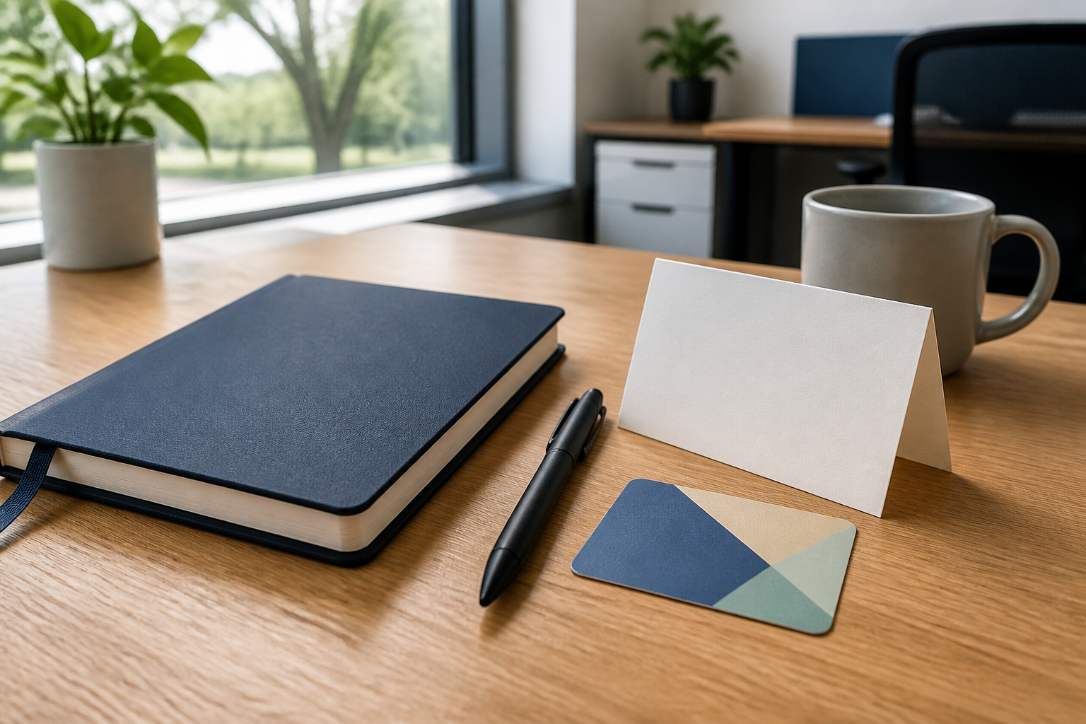 Personalisiertes Onboarding-Notizbuch mit Stift auf einem vorbereiteten Arbeitsplatz