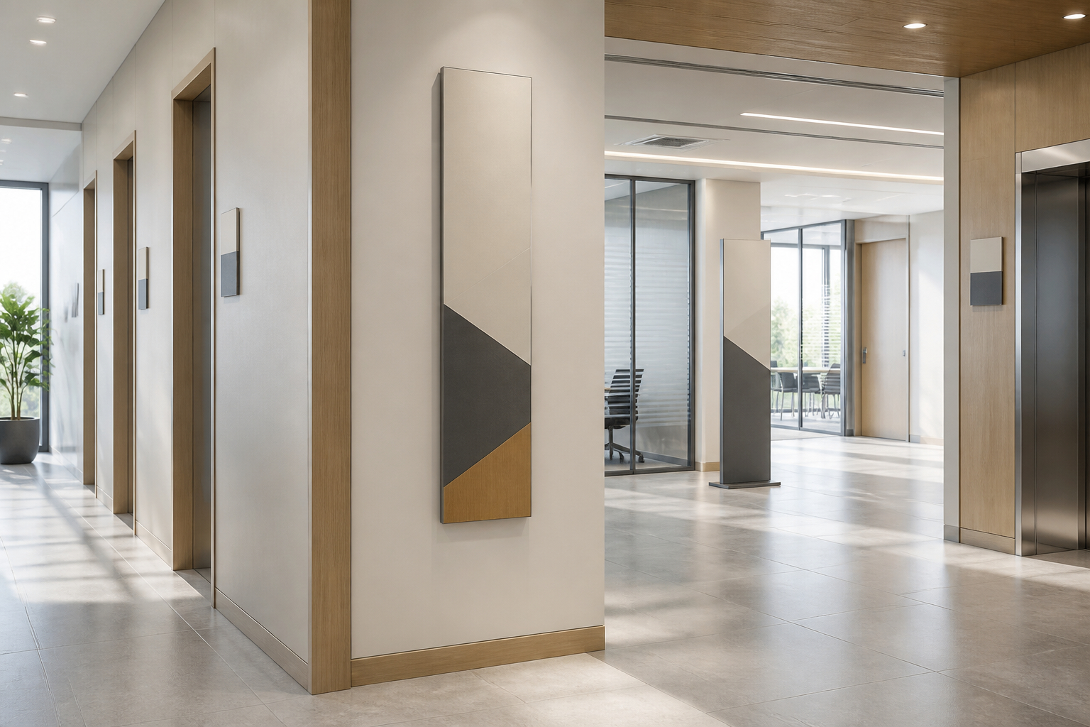 Modernes Besucherleitsystem mit Türschildern und Wegweisern im Büro