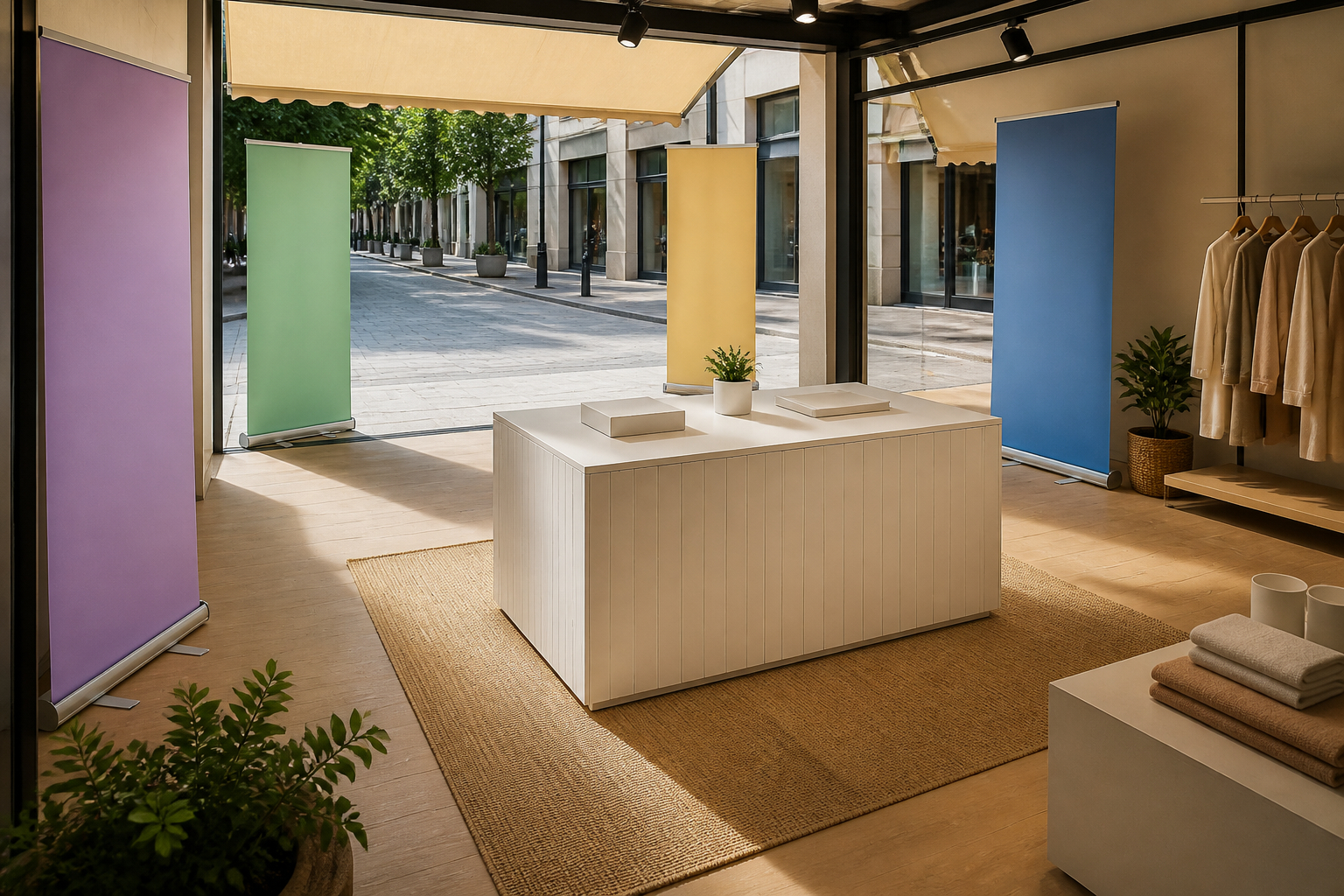 Mobiler Pop-up-Store mit Roll-up-Bannern und Verkaufstresen