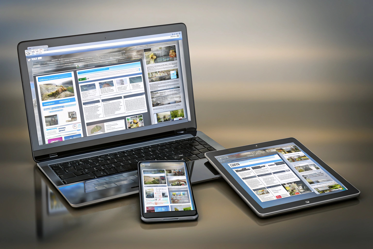 Illustration eines responsiven Webdesigns auf verschiedenen Geräten wie Laptop, Tablet und Smartphone Responsives Design auf verschiedenen Geräten