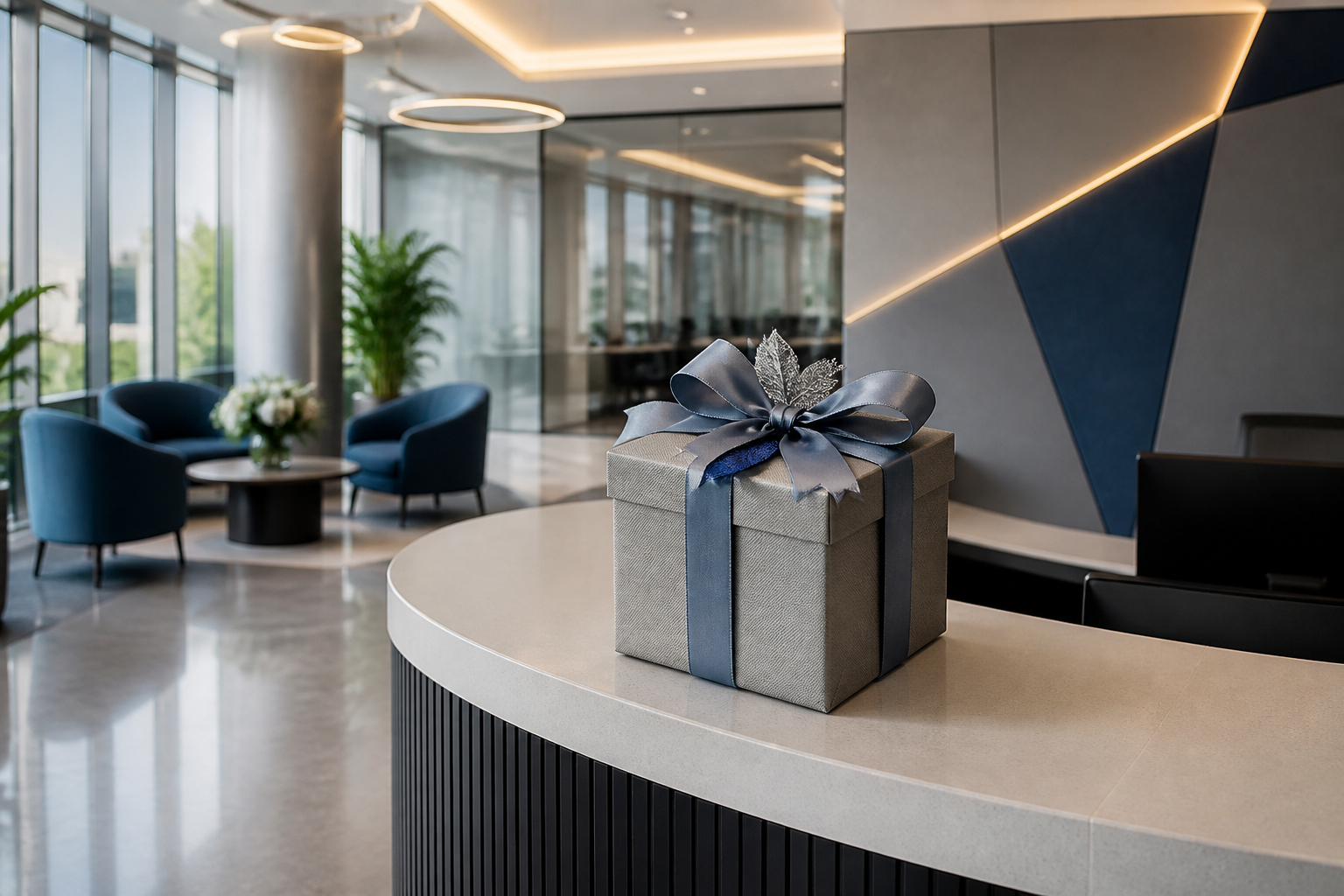 Team überreicht Geschenk zur Büroeröffnung