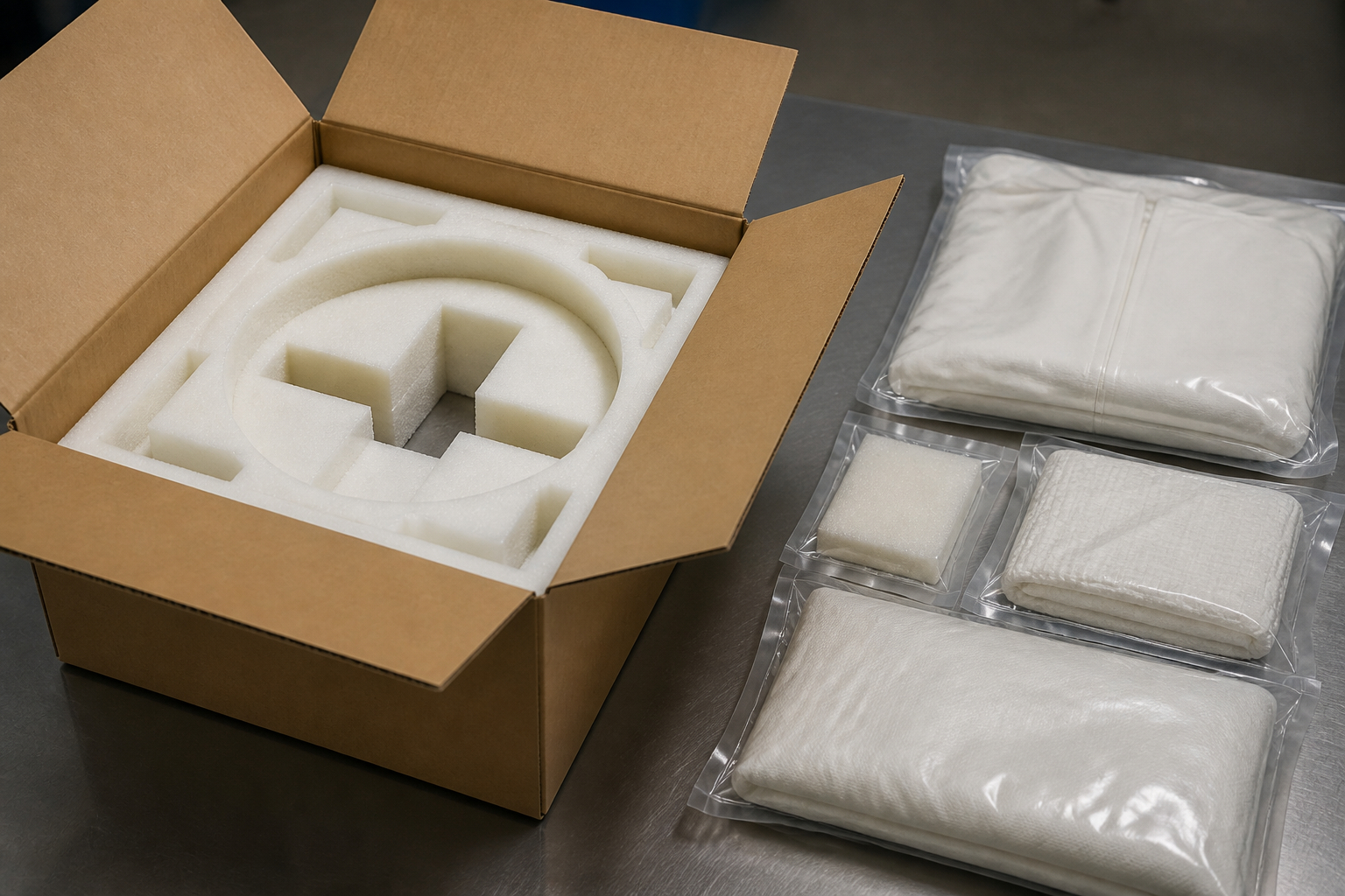 Vakuumbeutel für Polstermaterial getrennt von technischer Schutzverpackung