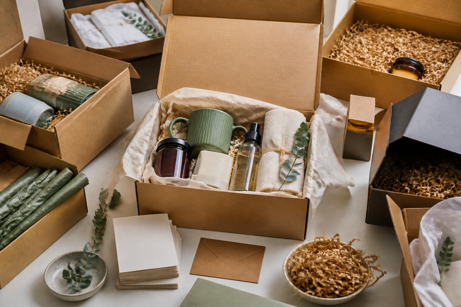 Verschiedene Geschenkboxen für Produkt-Bundles auf Packtisch