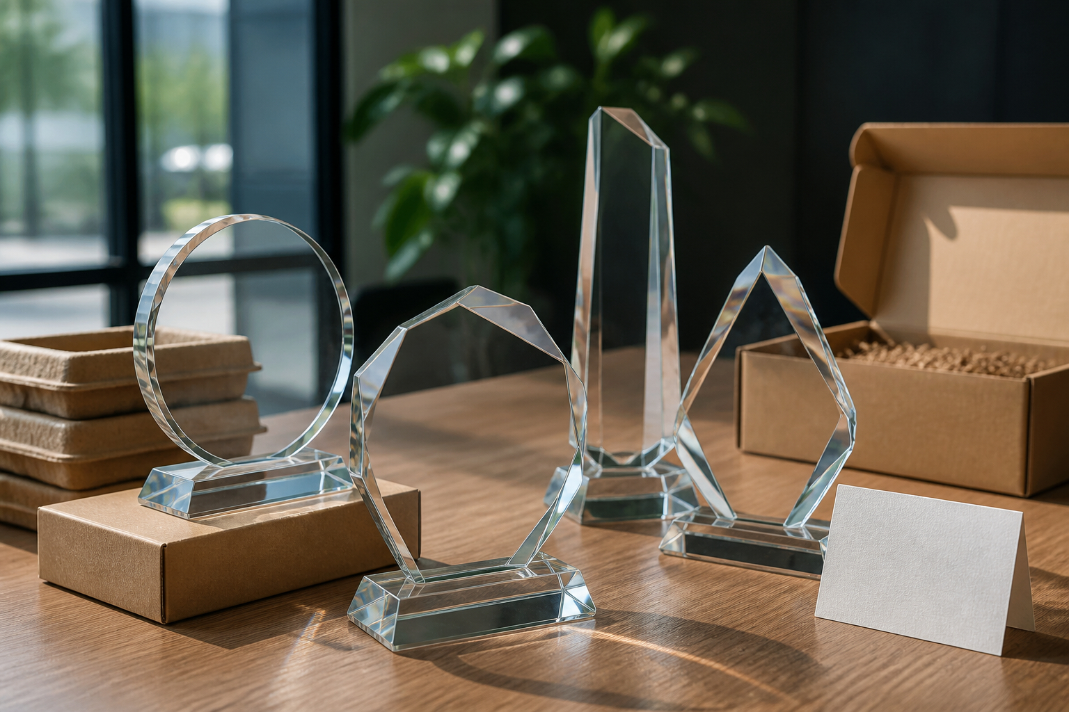 Verschiedene Glaspokale für Mitarbeiter-Awards im Vergleich