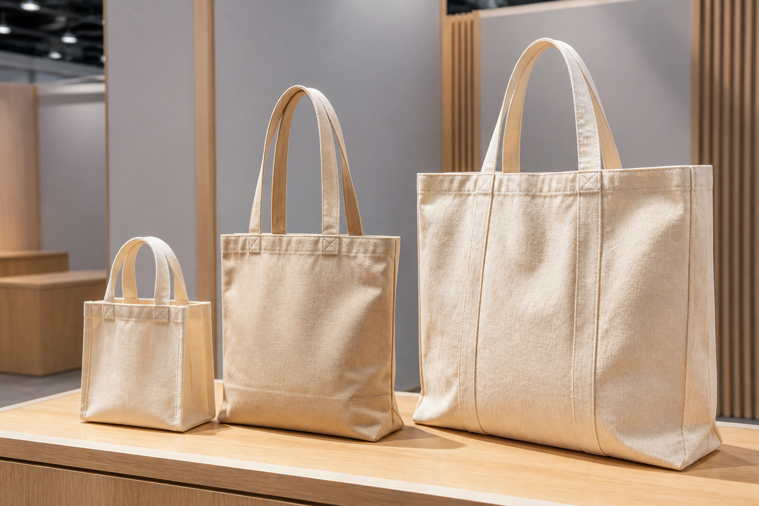 Verschiedene Baumwolltaschen als nachhaltige Werbemittel auf einer Messe