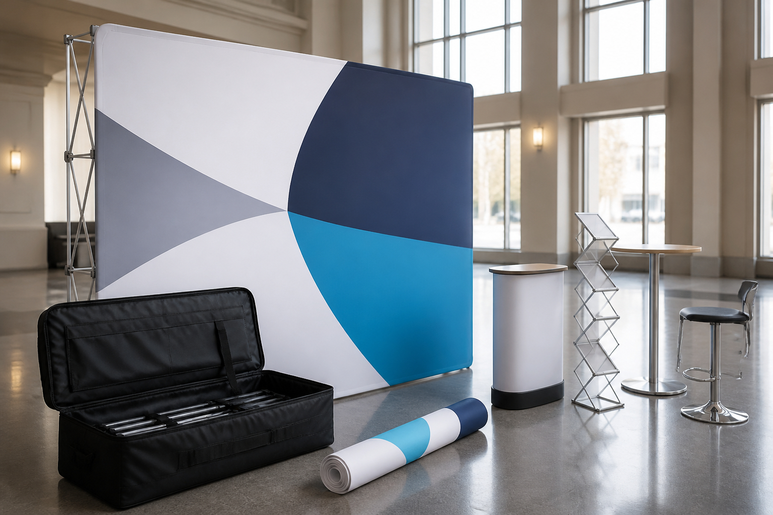 Aufbau eines mobilen Pop-up-Messestands mit Transporttasche