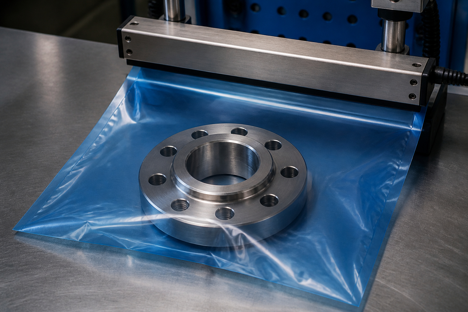 Metallteil mit VCI-Schlauchfolie für den Versand verpacken