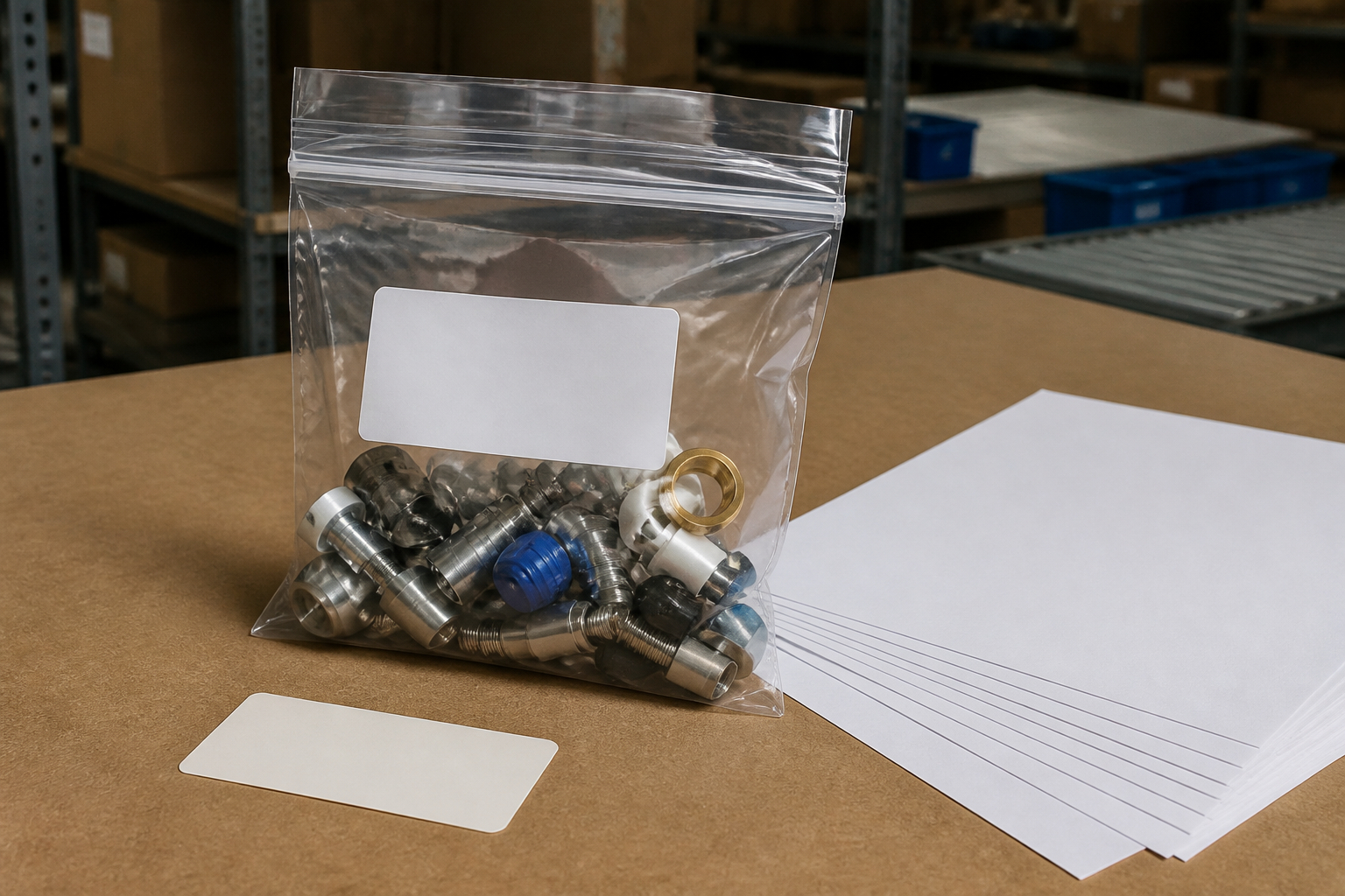 Beschriftete wiederverschließbare Verpackung am B2B-Versandarbeitsplatz